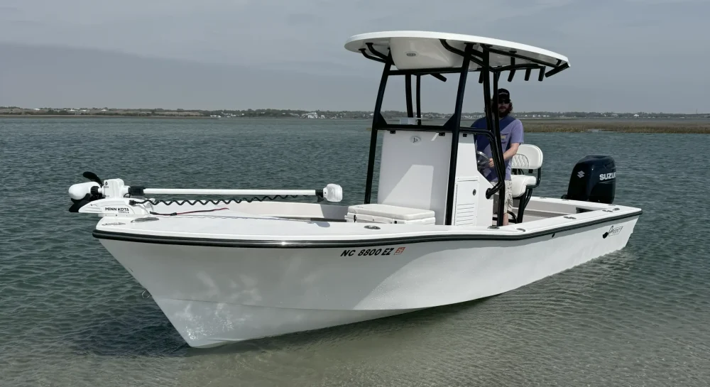 White Swan Point center-console boat with a T-top