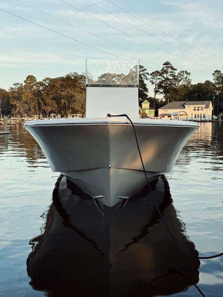Bow of a Swan Point boat at the dock