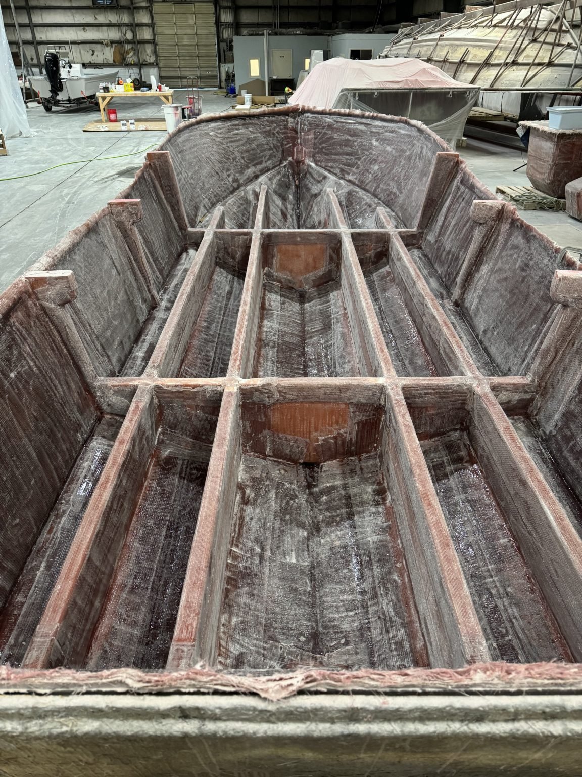 Fiberglass stringer grid inside a boat hull